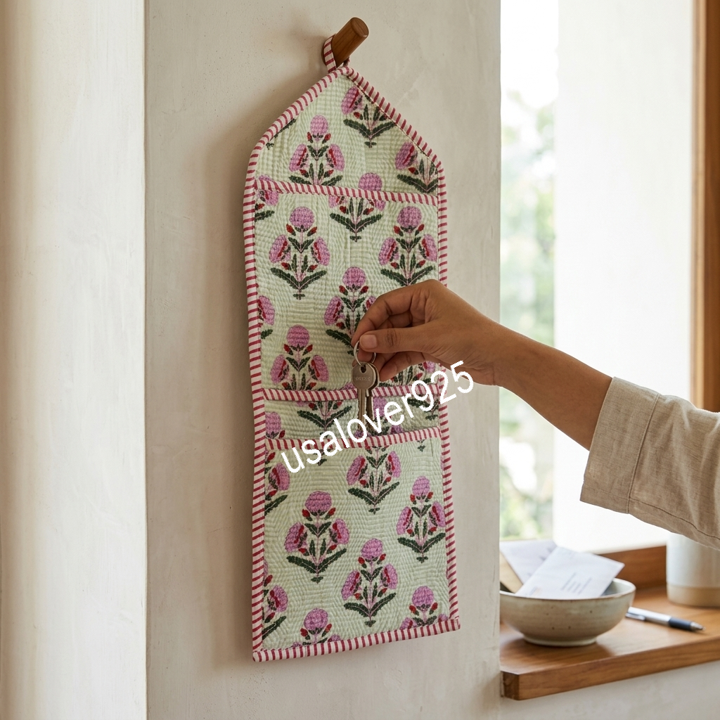 Quilted Cotton Wall Hanging Organizer – Mint Pink Floral Multi Pocket Storage Caddy
