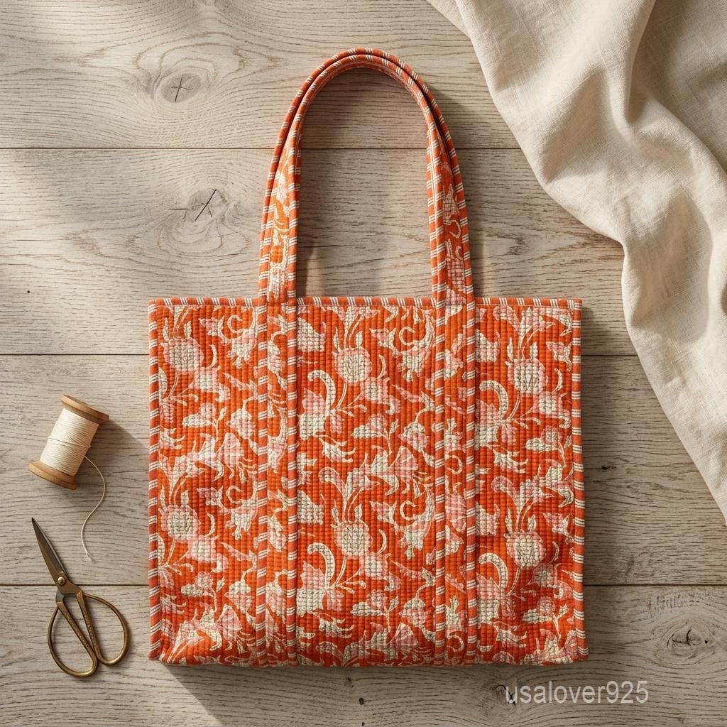 Orange Floral Quilted Cotton Tote Bag, Handcrafted Shoulder Shopper, Rust Flower Travel Handbag