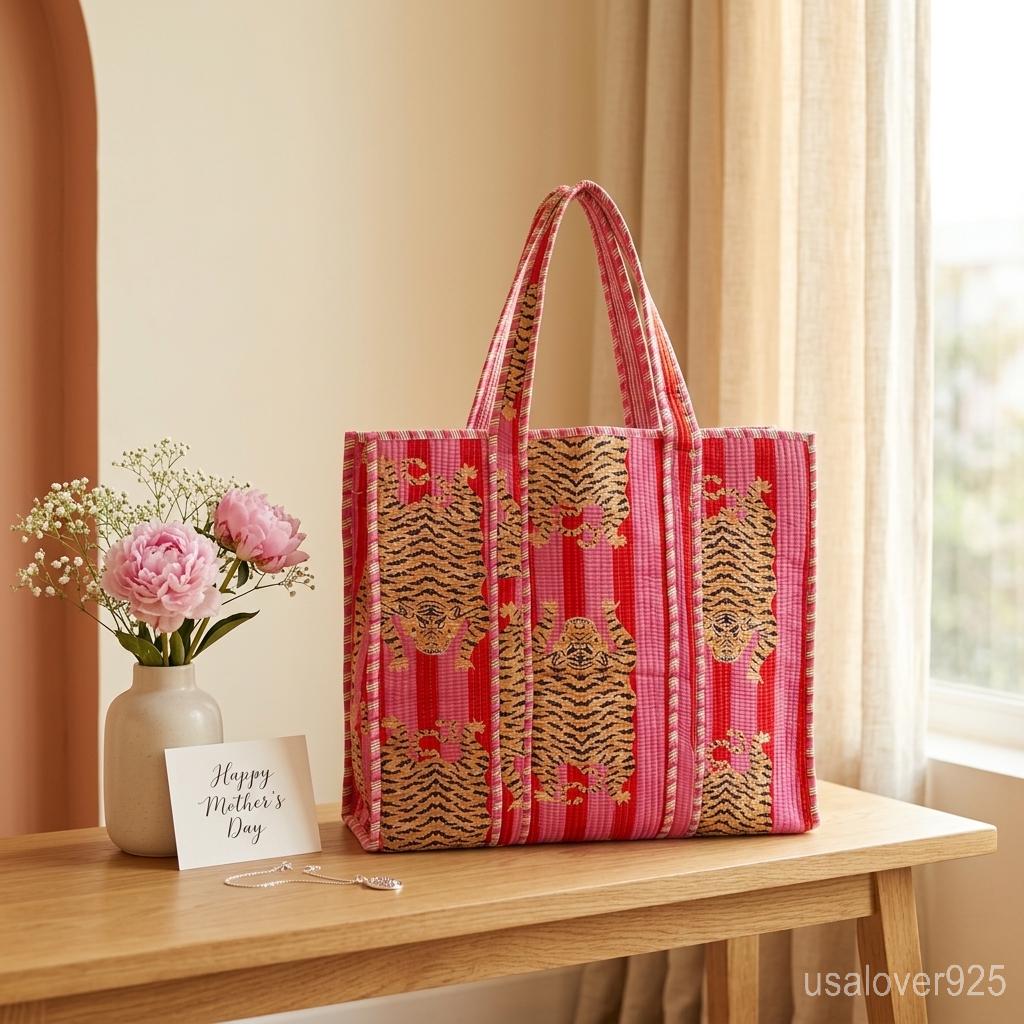 Pink Tiger Print Reversible Quilted Tote, Large Cotton Boho Shopper, Ethnic Indian Travel Bag