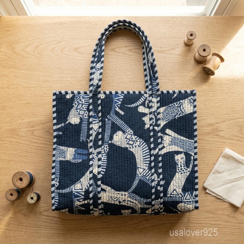 Indigo Cat Quilted Cotton Tote Bag, Block Print Shoulder Purse, Handmade Feline Market Bag