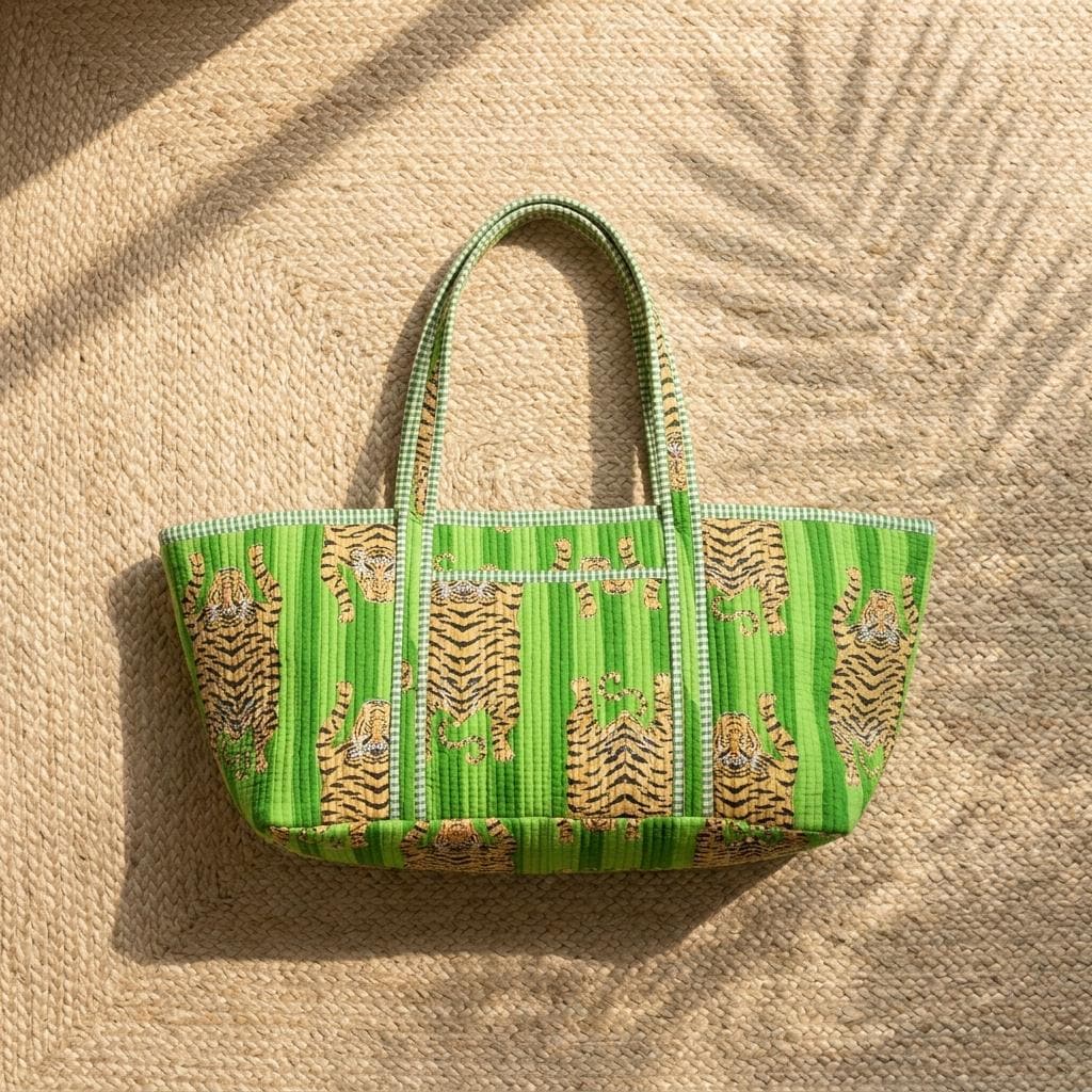 Quilted Green Tiger Cotton Yoga Tote Bag Handmade Shoulder Market Mat Carrier Gift