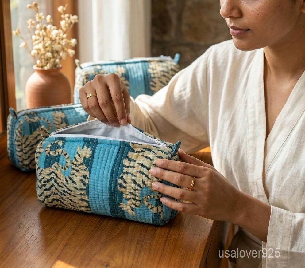 Hand Block Print Quilted Cosmetic Bag Set – Blue Tiger Cotton Travel Pouches (of 3)