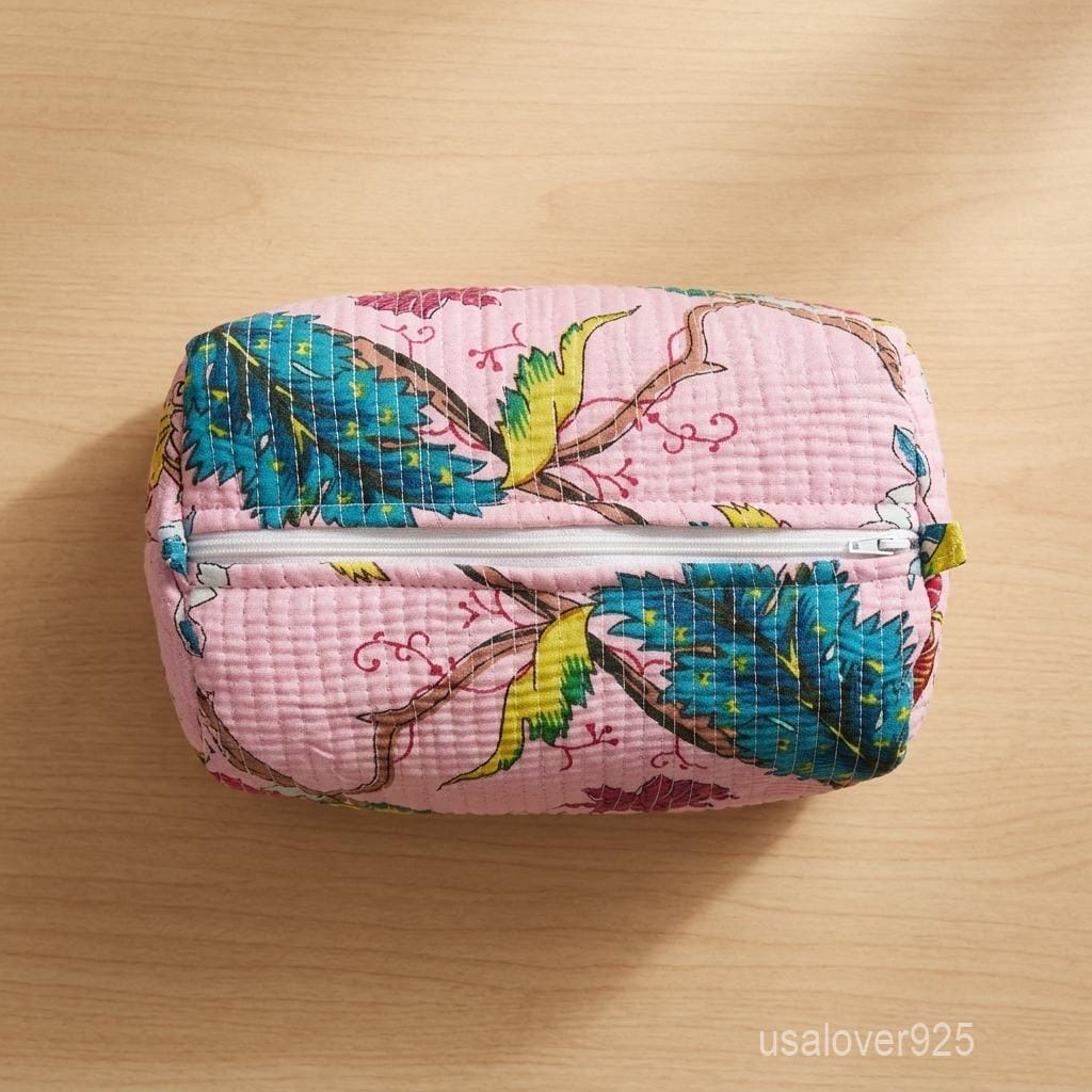 Pink Floral Bird Hand Block Print Cosmetic Bag Set – Quilted Cotton Travel Pouches