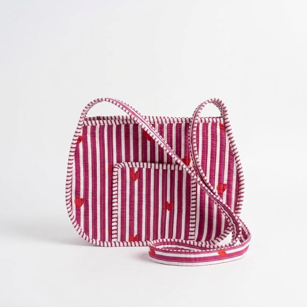 Quilted Striped Cotton Shoulder Bag Red Heart Pattern Handmade Makeup Tote Gift For Her