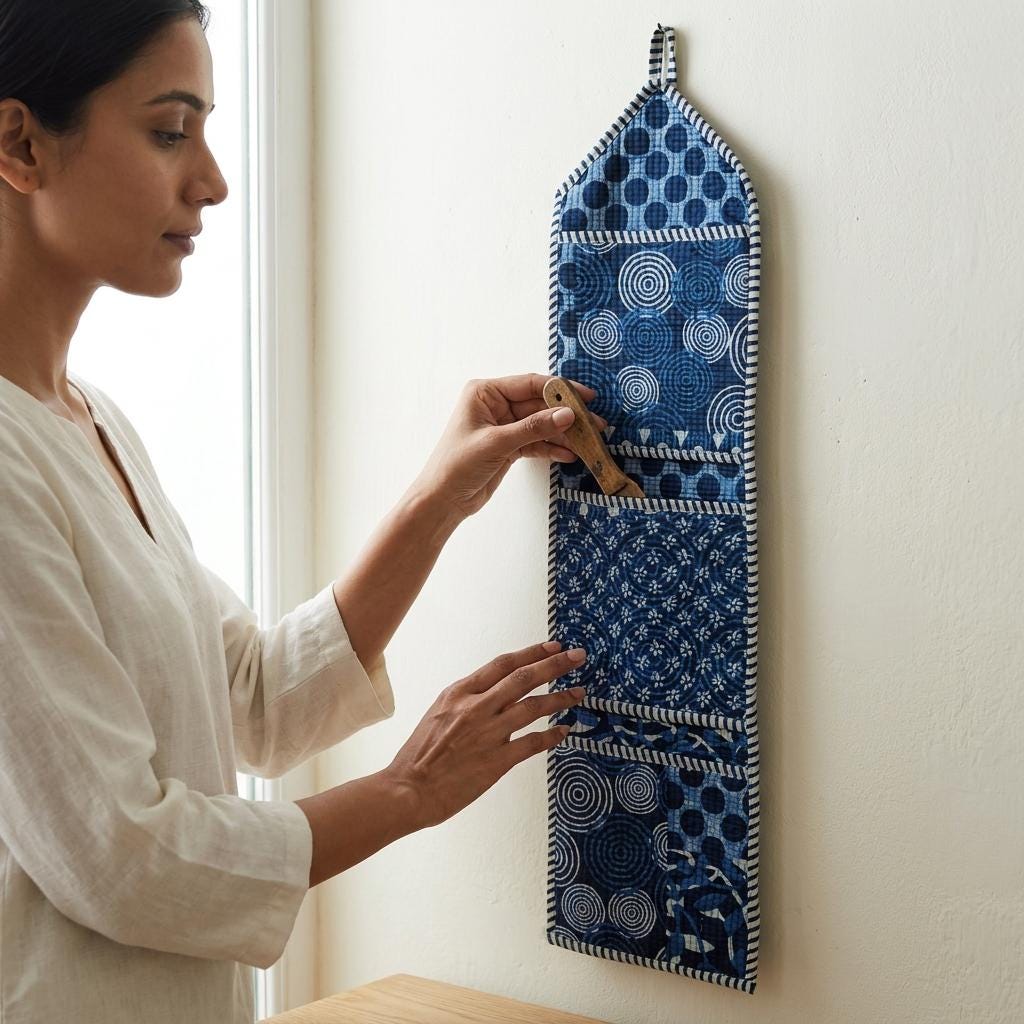 Indigo Blue Fabric Wall Hanging Organizer, Handcrafted Cotton Pocket Storage, Geometric Mail Holder
