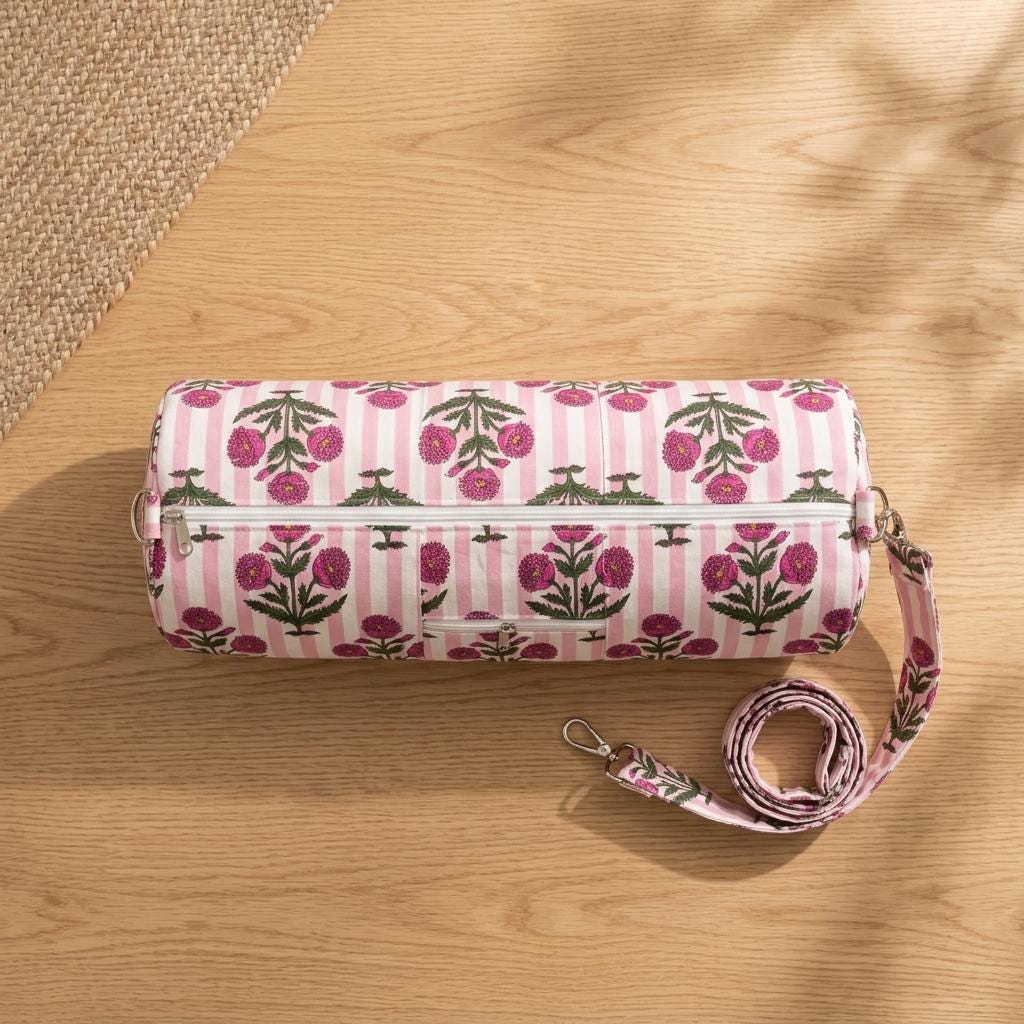 Quilted Cotton Pink Marigold Stripe Yoga Mat Bag Handcrafted Crossbody Carrier Women