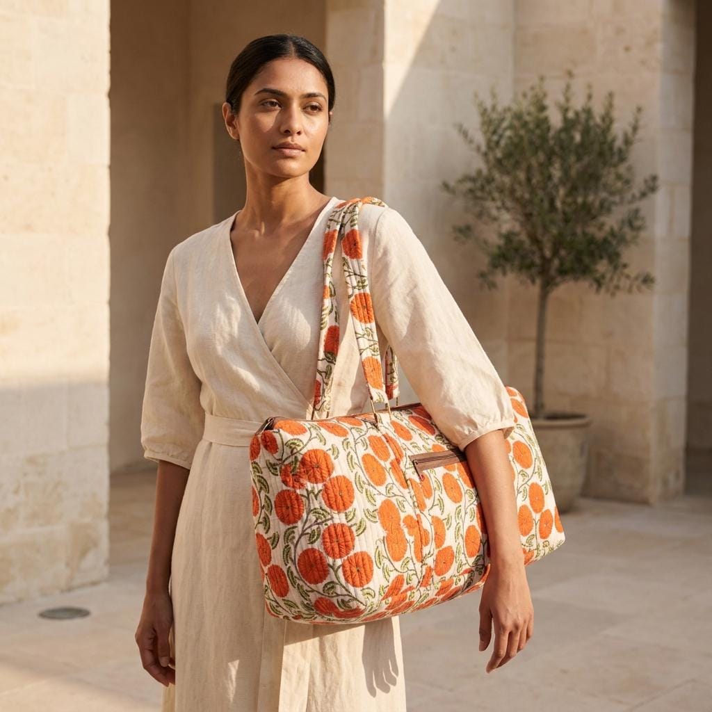 Orange Flower Quilted Cotton Yoga Mat Bag, Handcrafted Shoulder Carrier, White Patterned Fitness Tote