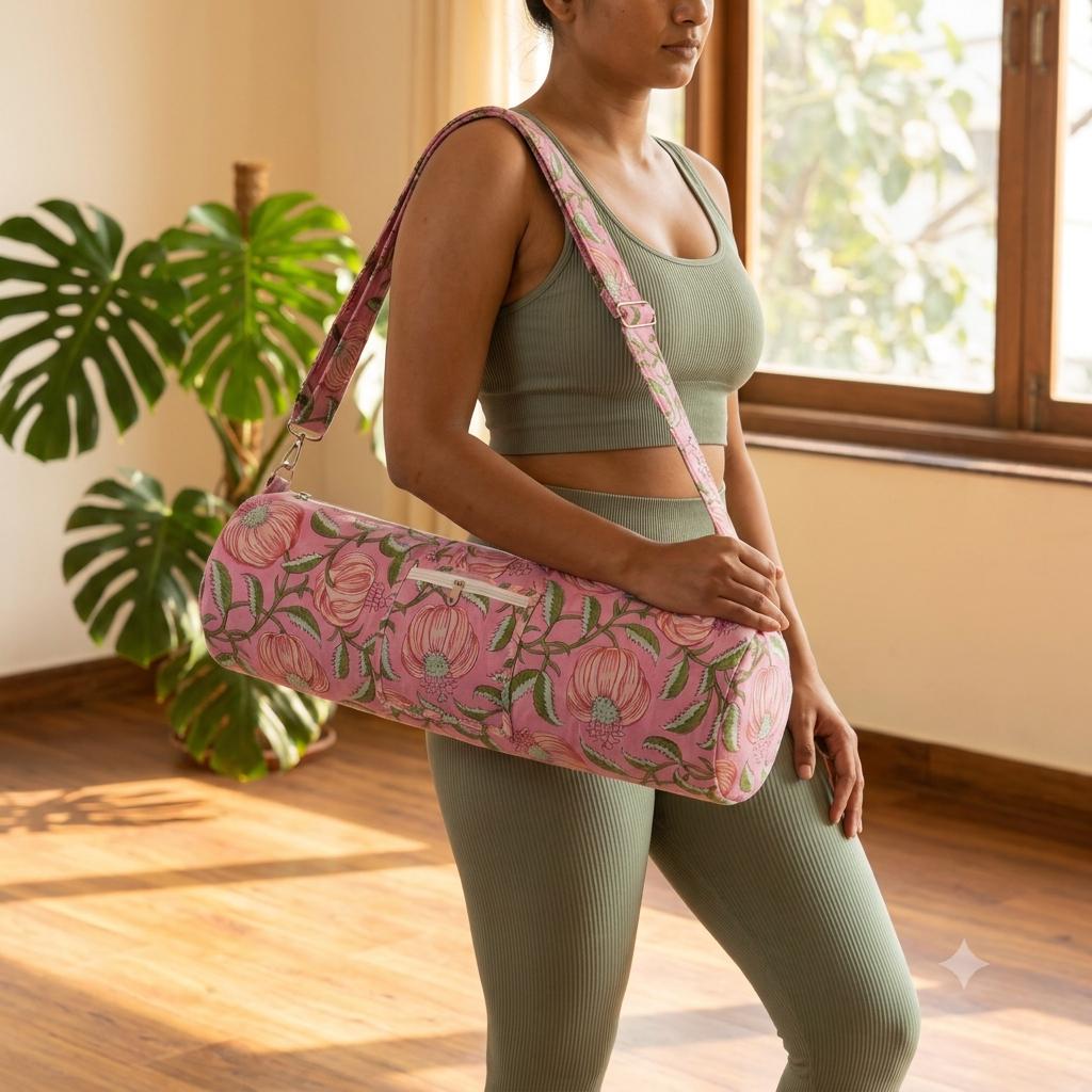 Quilted Cotton Pink Floral Poppy Yoga Mat Bag Handcrafted Crossbody Carrier Women