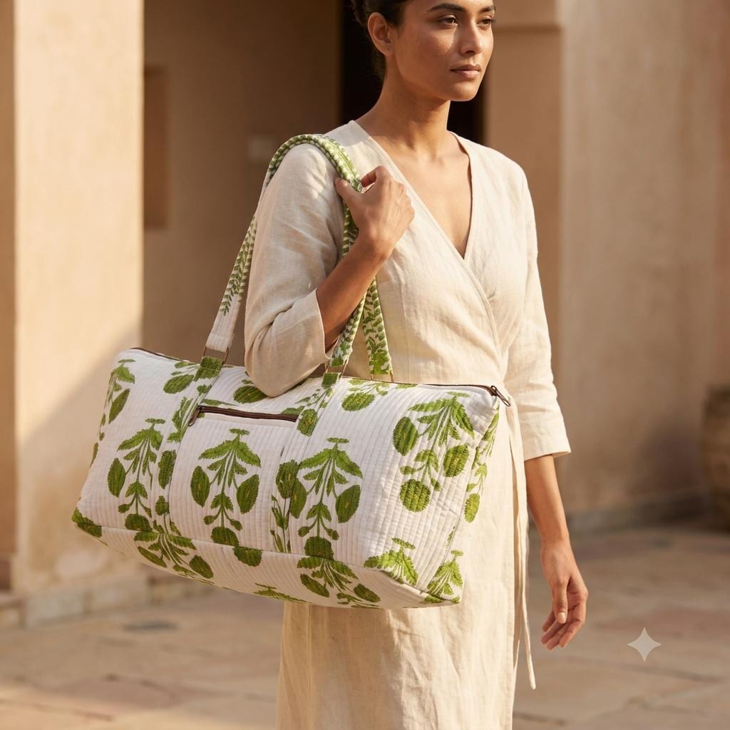 Green Marigold Quilted Cotton Yoga Mat Bag, Handcrafted Shoulder Carrier, White Floral Fitness Tote