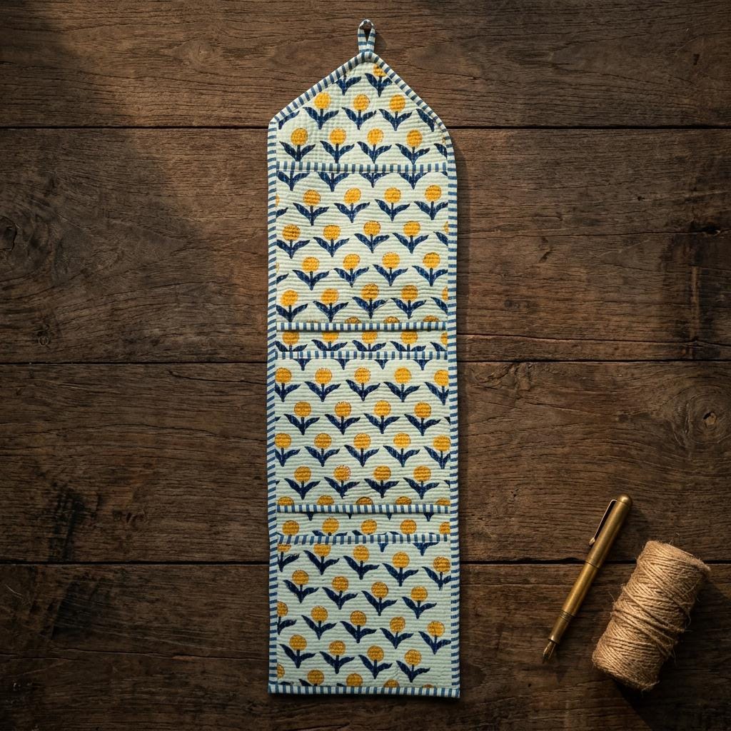 Quilted Yellow Floral Cotton Hanging Wall Organizer – Three Pocket Storage Mail Holder Boho Gift