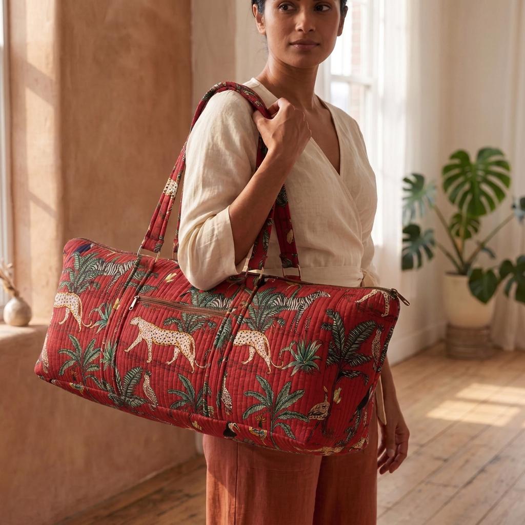 Red Leopard Quilted Cotton Yoga Mat Bag, Handcrafted Shoulder Carrier, Zebra Fitness Tote
