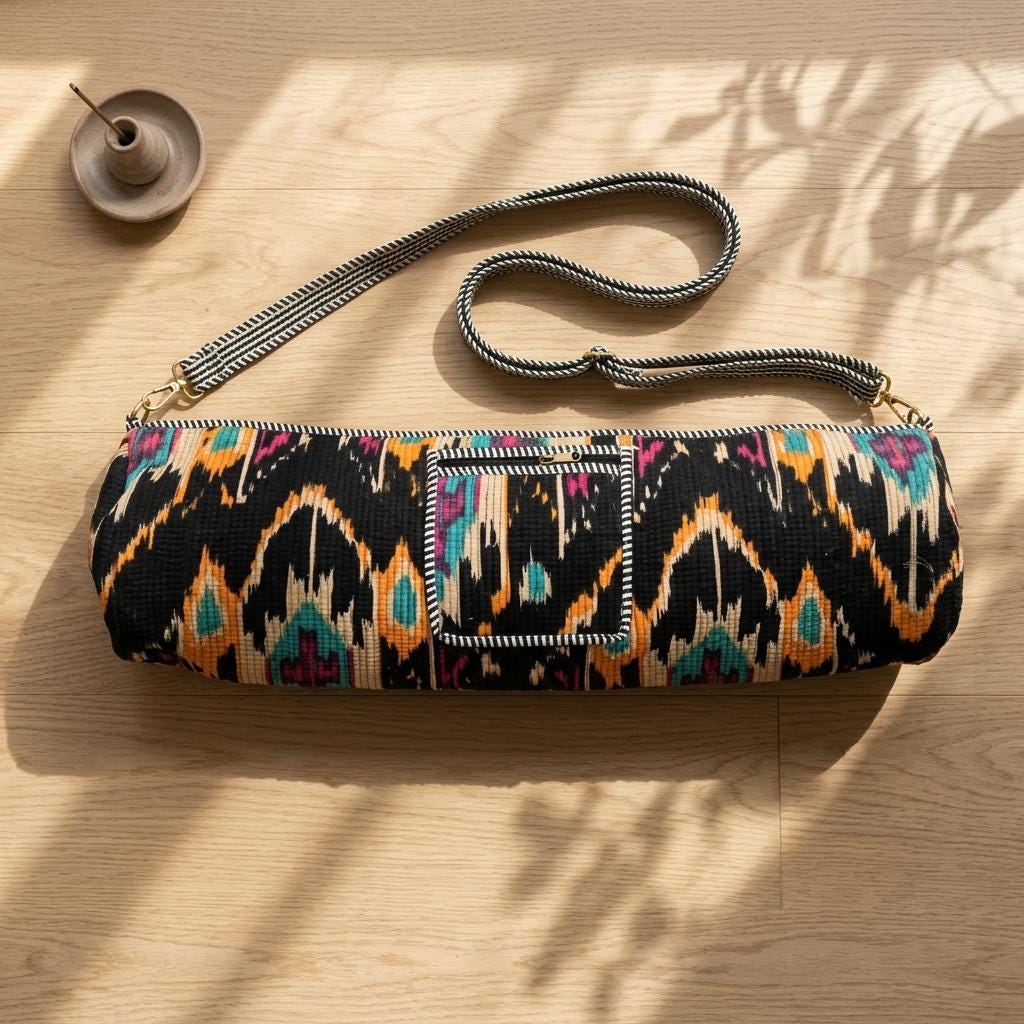 Quilted Cotton Black Ikat Print Yoga Mat Bag Handcrafted Crossbody Carrier Women