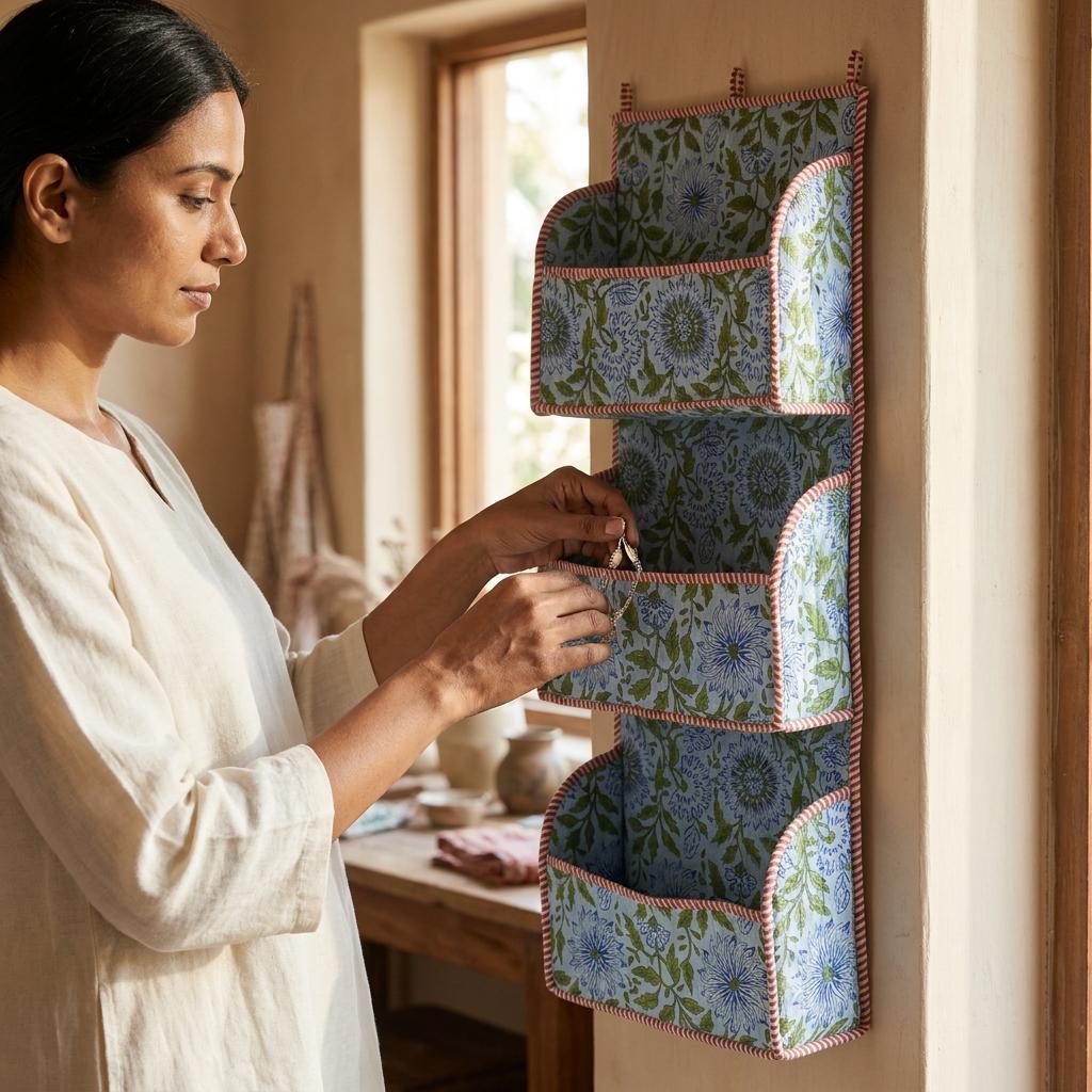 Blue Floral Quilted Cotton Hanging Wall Organizer, Handcrafted Tiered Pocket Fabric Mail Hanger