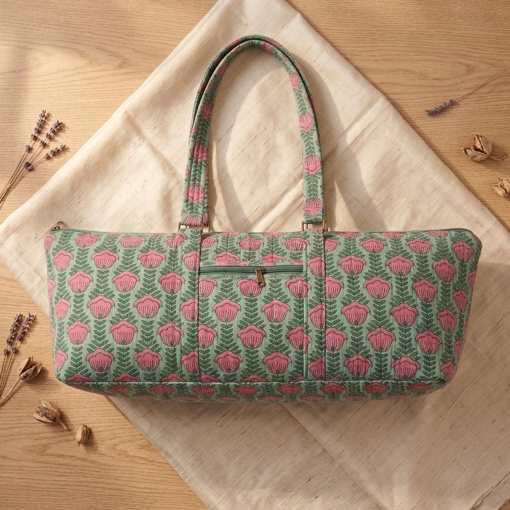 Green Floral Quilted Cotton Yoga Mat Bag, Handcrafted Duffle Weekend Travel Tote Carrier