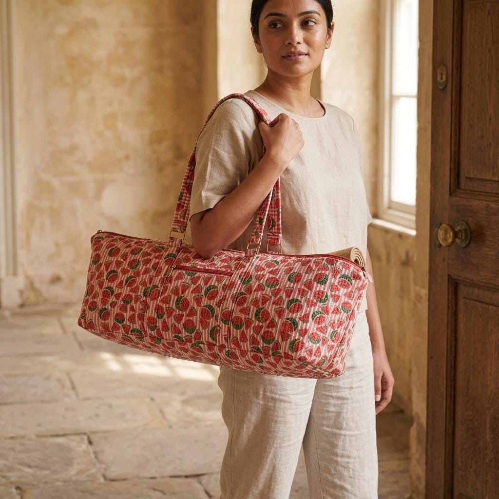 Quilted Cotton Yoga Mat Bag, Watermelon Block Print Duffle, Weekend Travel Tote