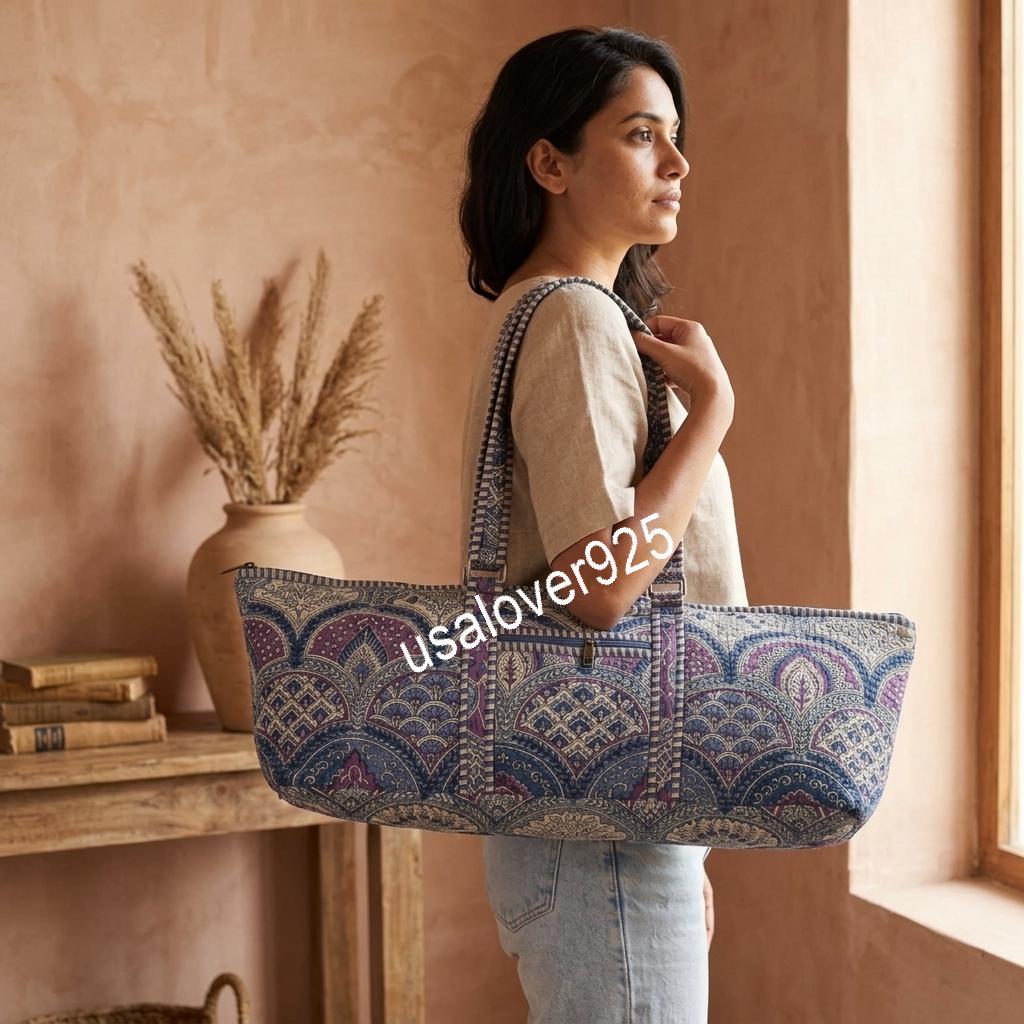 Quilted Cotton Duffle Bag, Blue Mosaic Paisley Travel Tote, Zipper Pocket, Weekender Carryall