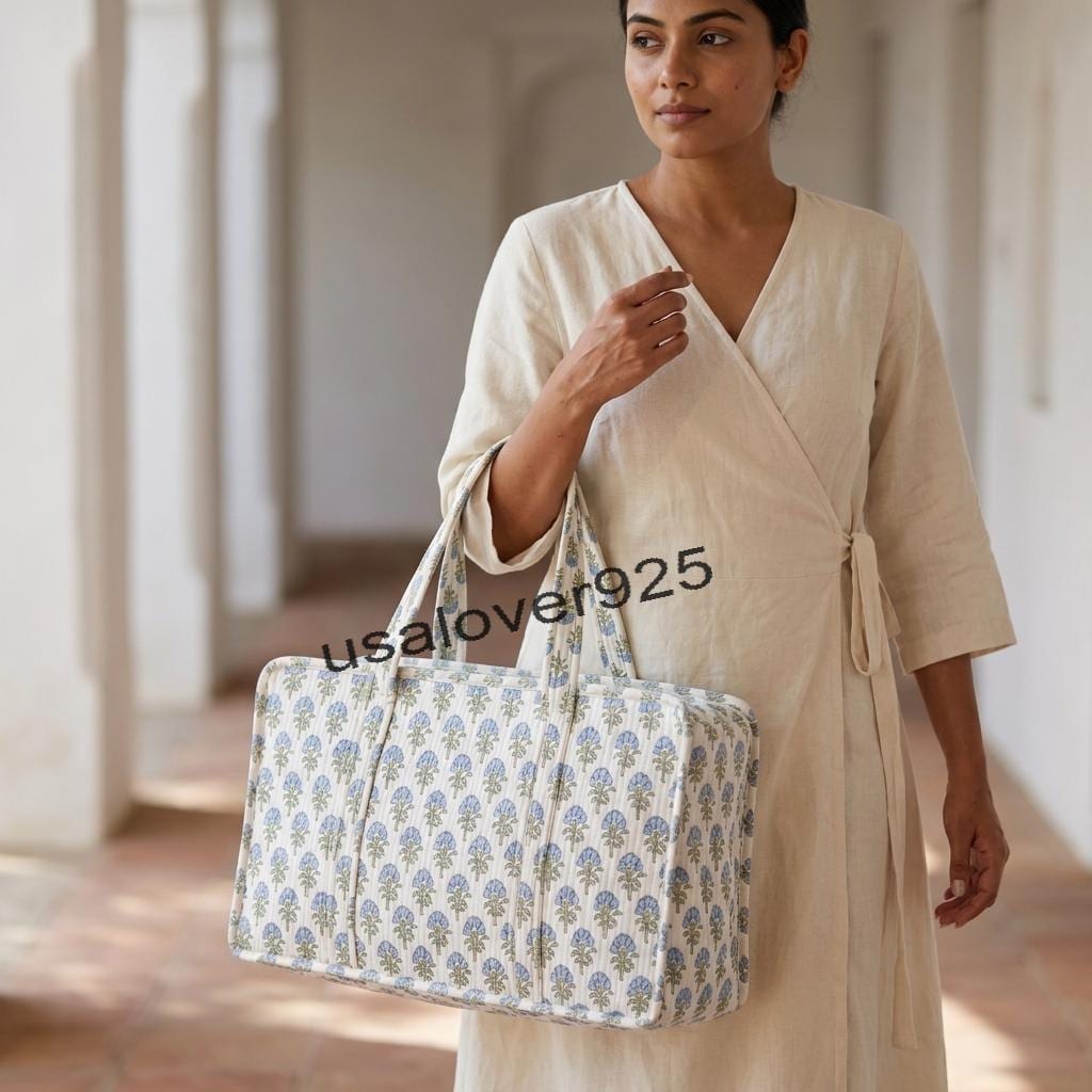 Quilted Cotton Mahjong Tile Bag: Blue Floral Block Print Travel Tote