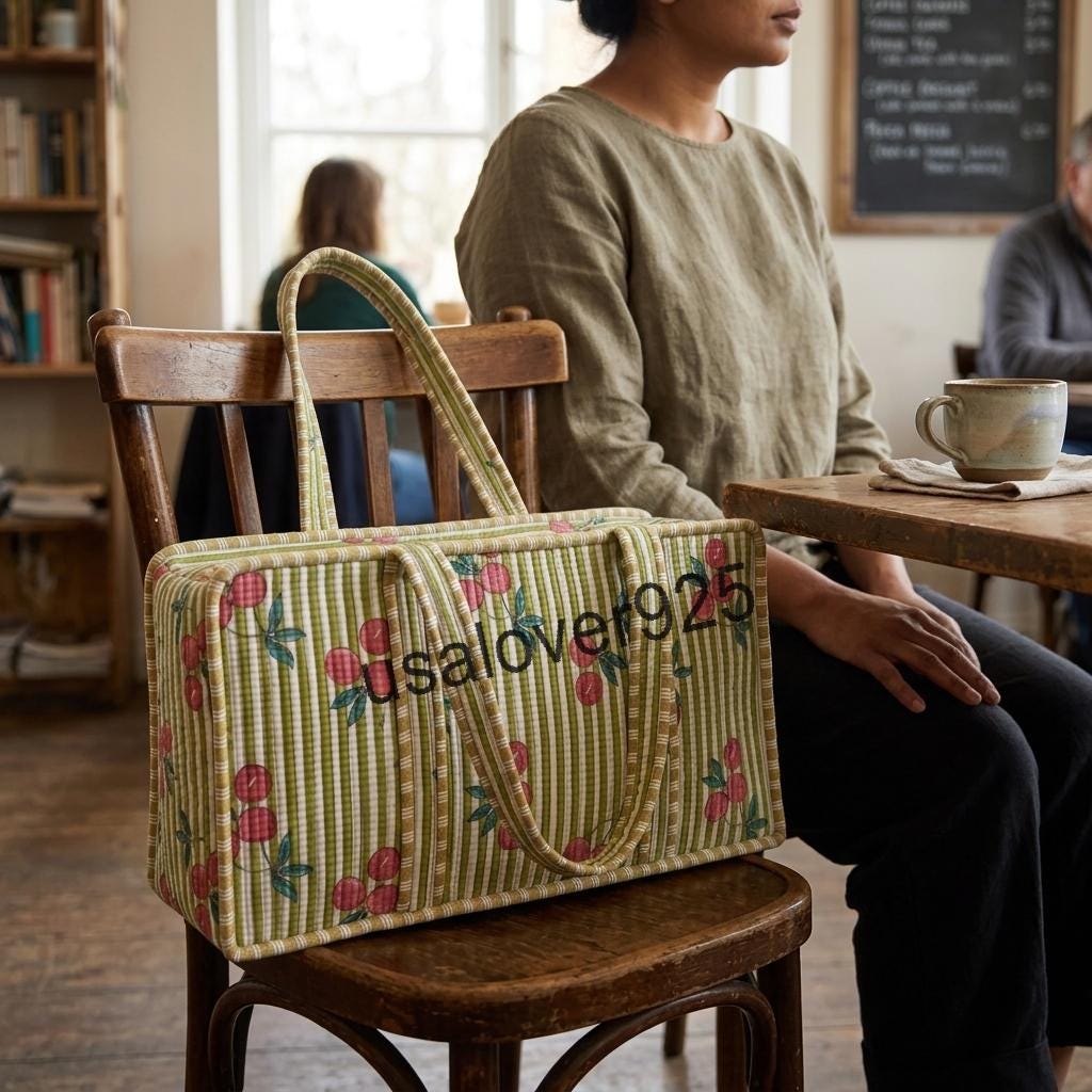 Handmade Quilted Cotton Mahjong Bag – Green Stripe Red Cherry Game Tile Storage Tote