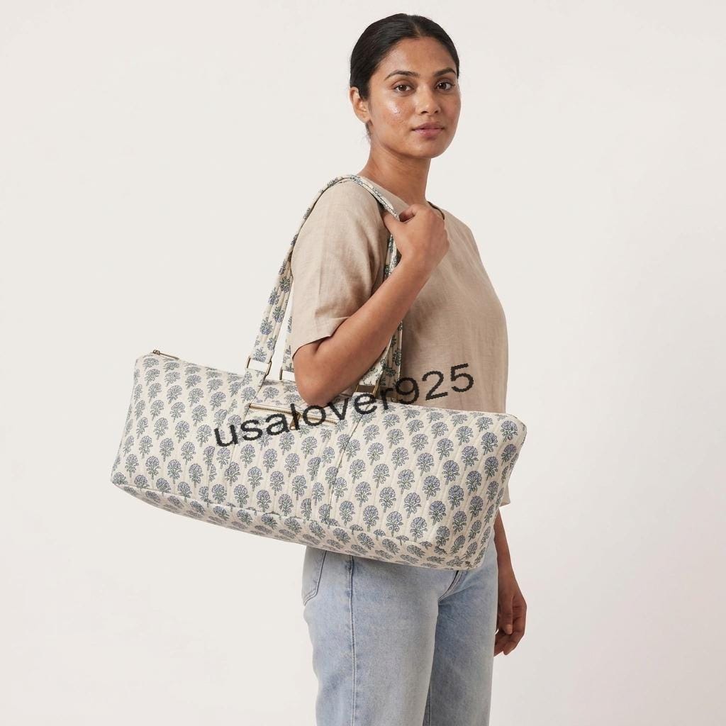 Quilted Cotton Yoga Mat Bag – Cream Blue Floral Gym Duffle & Travel Tote