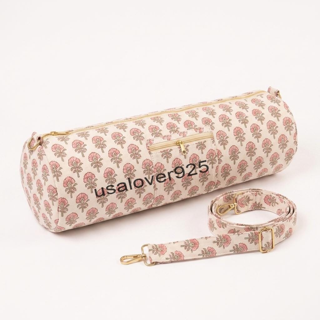 Pink Floral Quilted Yoga Mat Bag Handmade Indian Block Print Cotton Crossbody Duffel