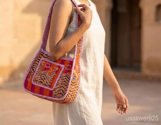 Unleash Your Wild Side: Handcrafted Orange Tiger Print Quilted Shoulder Bag - Taxocrafts