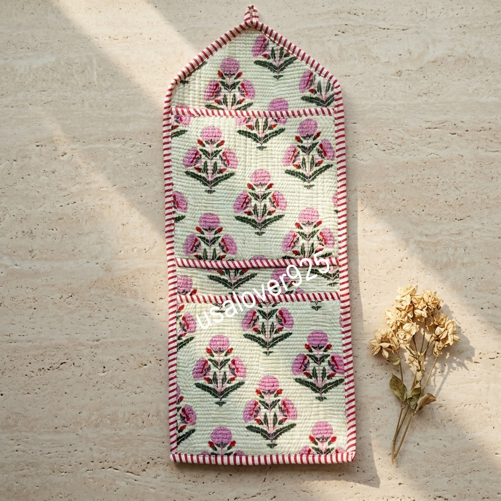 Quilted Cotton Wall Hanging Organizer – Mint Pink Floral Multi Pocket Storage Caddy