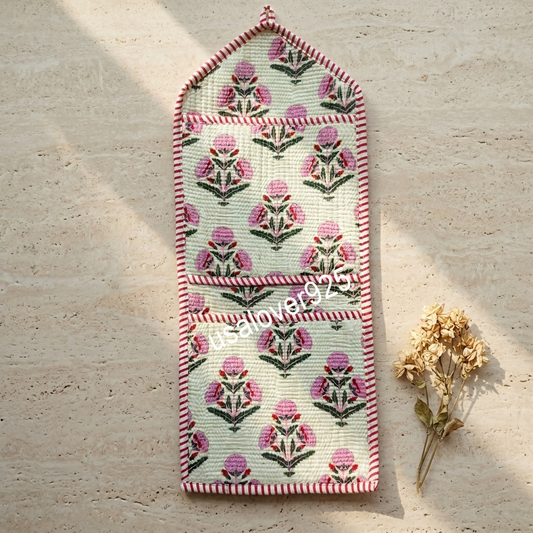 Quilted Cotton Wall Hanging Organizer – Mint Pink Floral Multi Pocket Storage Caddy