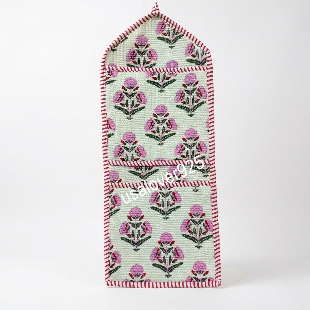 Quilted Cotton Wall Hanging Organizer – Mint Pink Floral Multi Pocket Storage Caddy