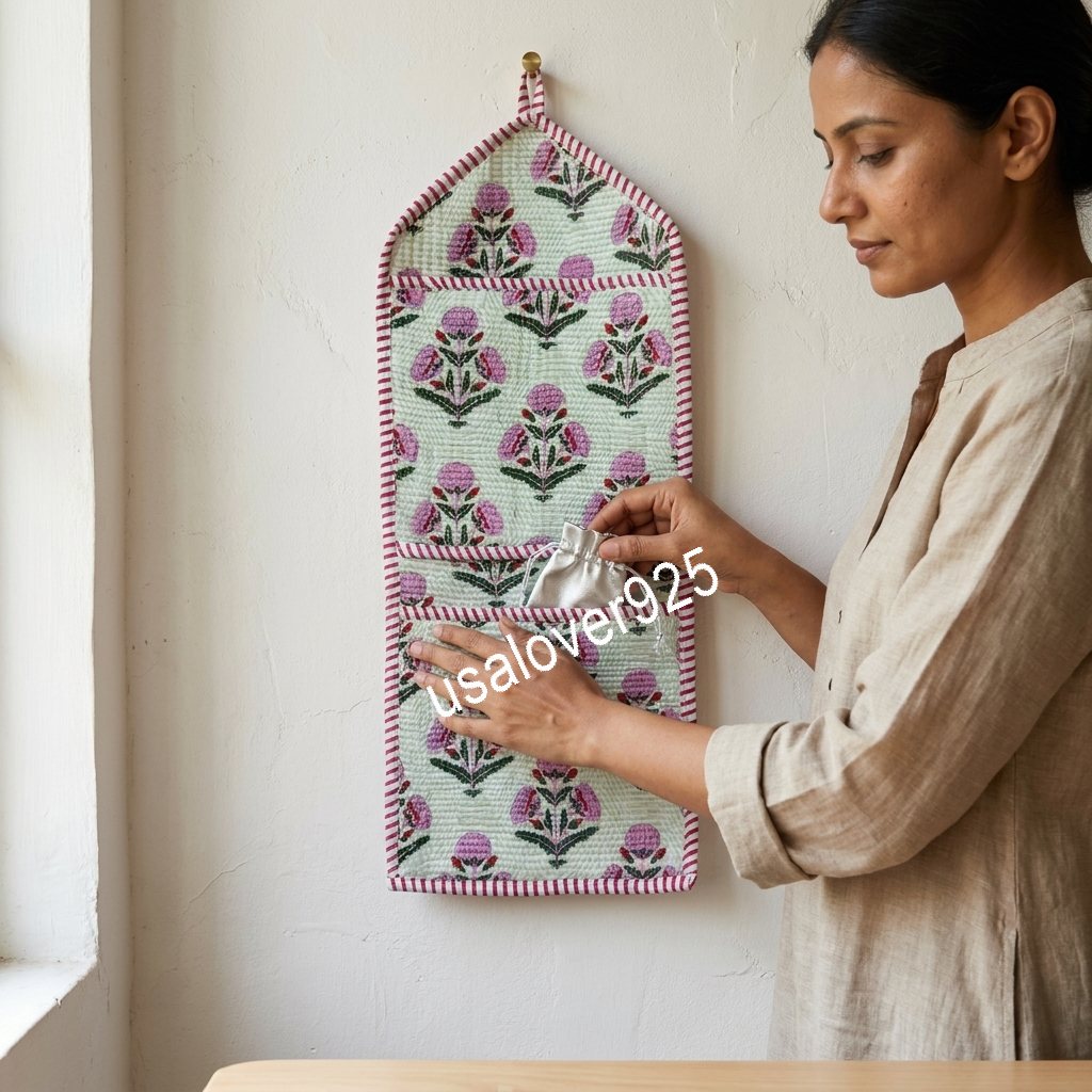 Quilted Cotton Wall Hanging Organizer – Mint Pink Floral Multi Pocket Storage Caddy