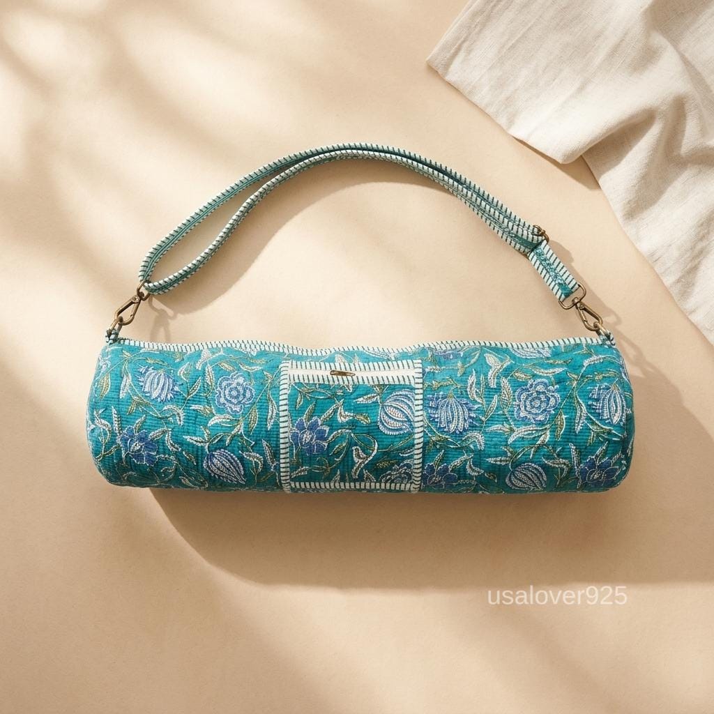 Turquoise Floral Yoga Mat Bag, Hand Block Print Cotton Pilates Carrier, Boho Fitness Tote