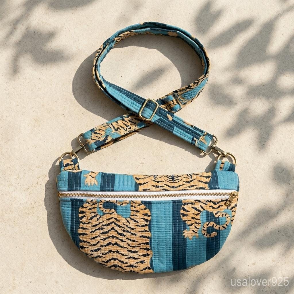 Blue Tiger Print Quilted Crossbody Bag, Cotton Mini Travel Purse, Boho Animal Print Tote