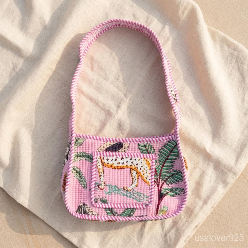 Pink Floral Block Print Shoulder Bag, Quilted Cotton Boho Sling Purse, Handmade Artisan Gift