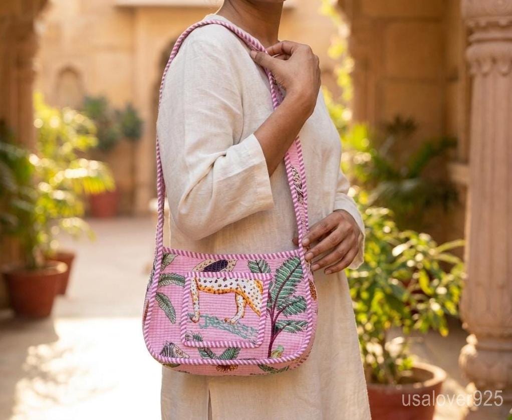 Pink Floral Block Print Shoulder Bag, Quilted Cotton Boho Sling Purse, Handmade Artisan Gift