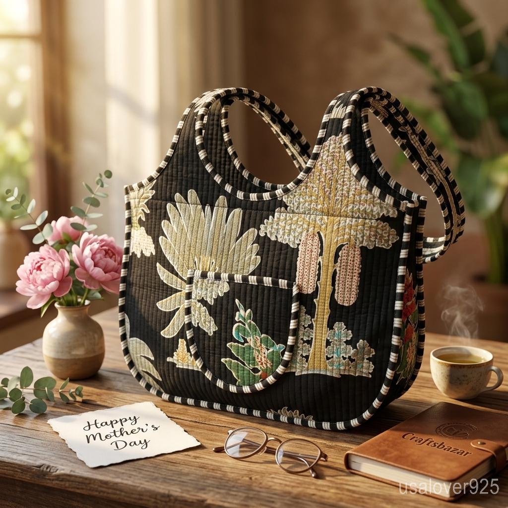 Black Floral Quilted Boho Tote, Large Cotton Shoulder Shopper, Ethnic Handmade Travel Bag