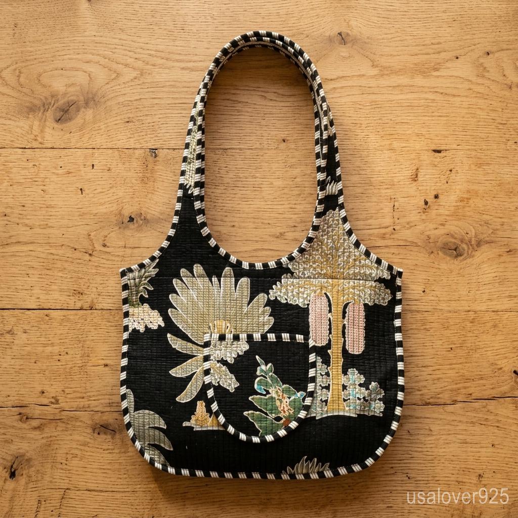 Black Floral Quilted Boho Tote, Large Cotton Shoulder Shopper, Ethnic Handmade Travel Bag