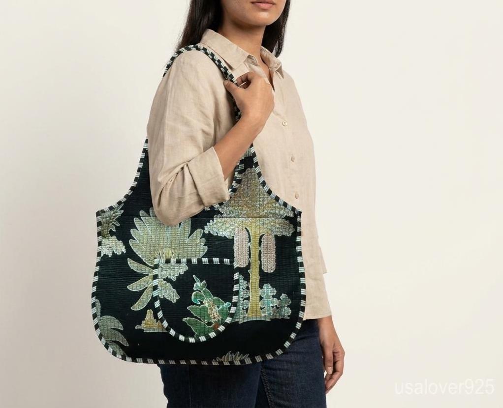 Black Floral Quilted Boho Tote, Large Cotton Shoulder Shopper, Ethnic Handmade Travel Bag