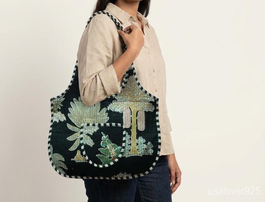 Black Floral Quilted Boho Tote, Large Cotton Shoulder Shopper, Ethnic Handmade Travel Bag
