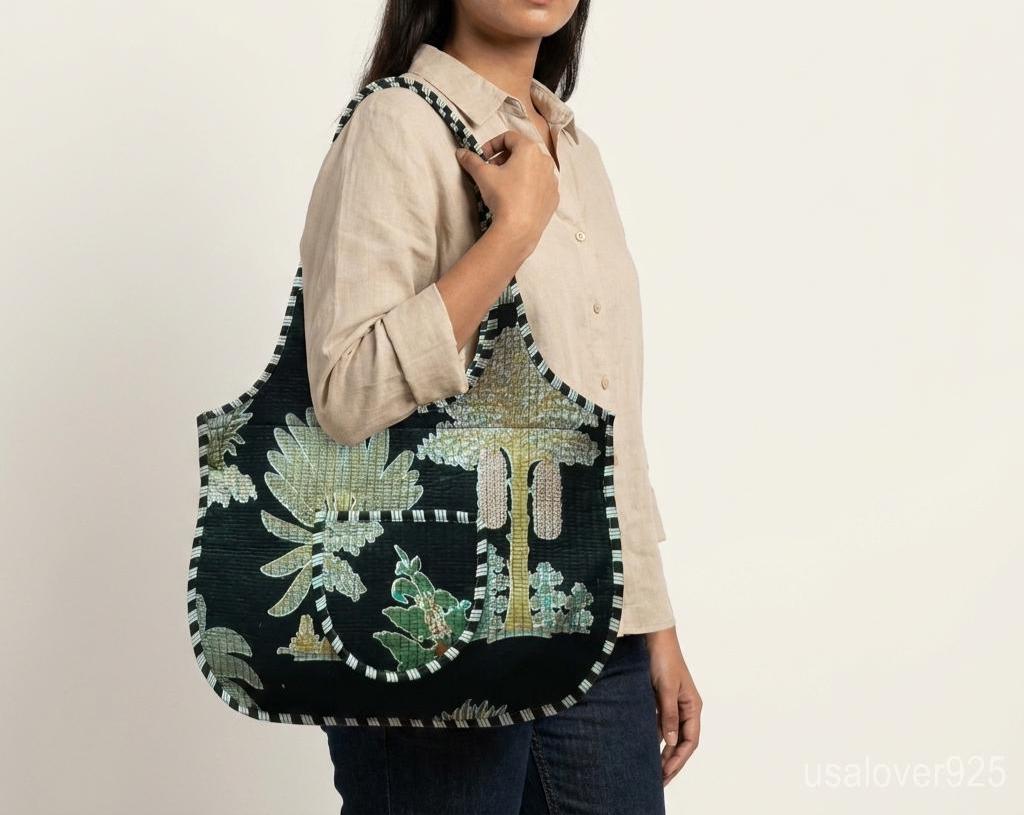 Black Floral Quilted Boho Tote, Large Cotton Shoulder Shopper, Ethnic Handmade Travel Bag