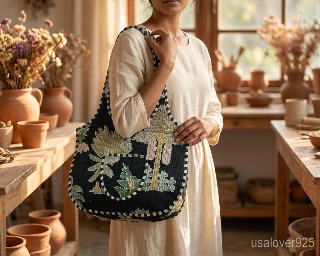 Black Floral Quilted Boho Tote, Large Cotton Shoulder Shopper, Ethnic Handmade Travel Bag
