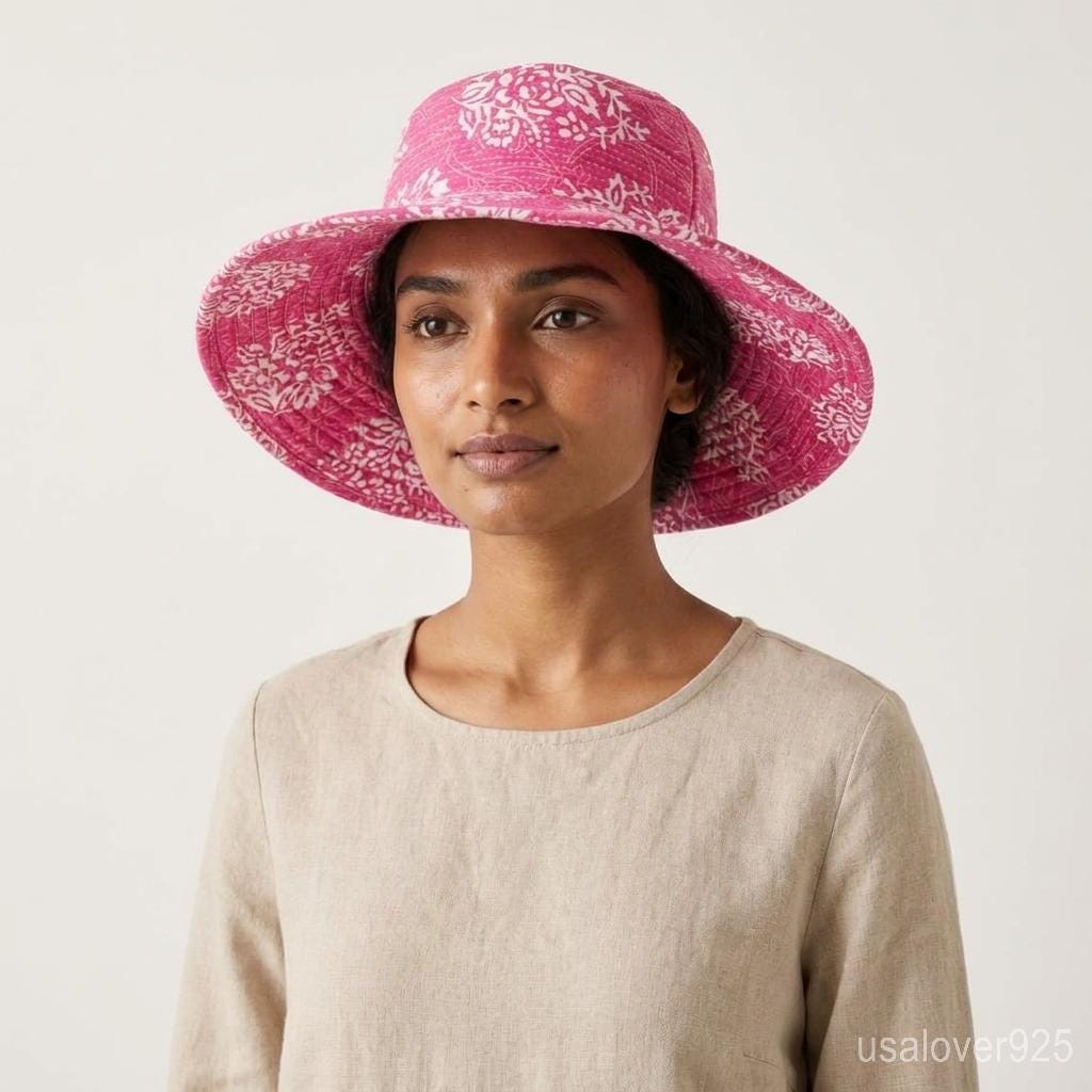 Reversible Pink Block Print Bucket Hat, Quilted Cotton Boho Sun Cap, Handmade Summer Gift