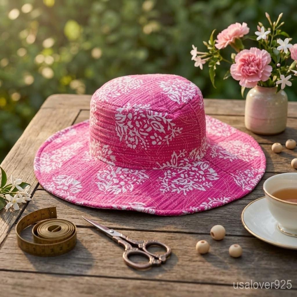 Reversible Pink Block Print Bucket Hat, Quilted Cotton Boho Sun Cap, Handmade Summer Gift