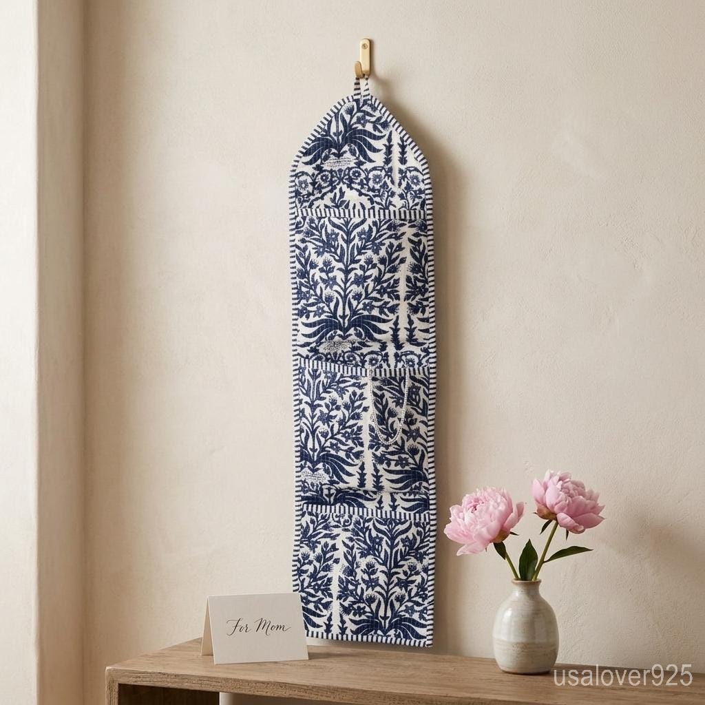 Blue Floral Hanging Wall Organizer, Quilted Cotton 3-Pocket Storage, Boho Decorative Home Gift