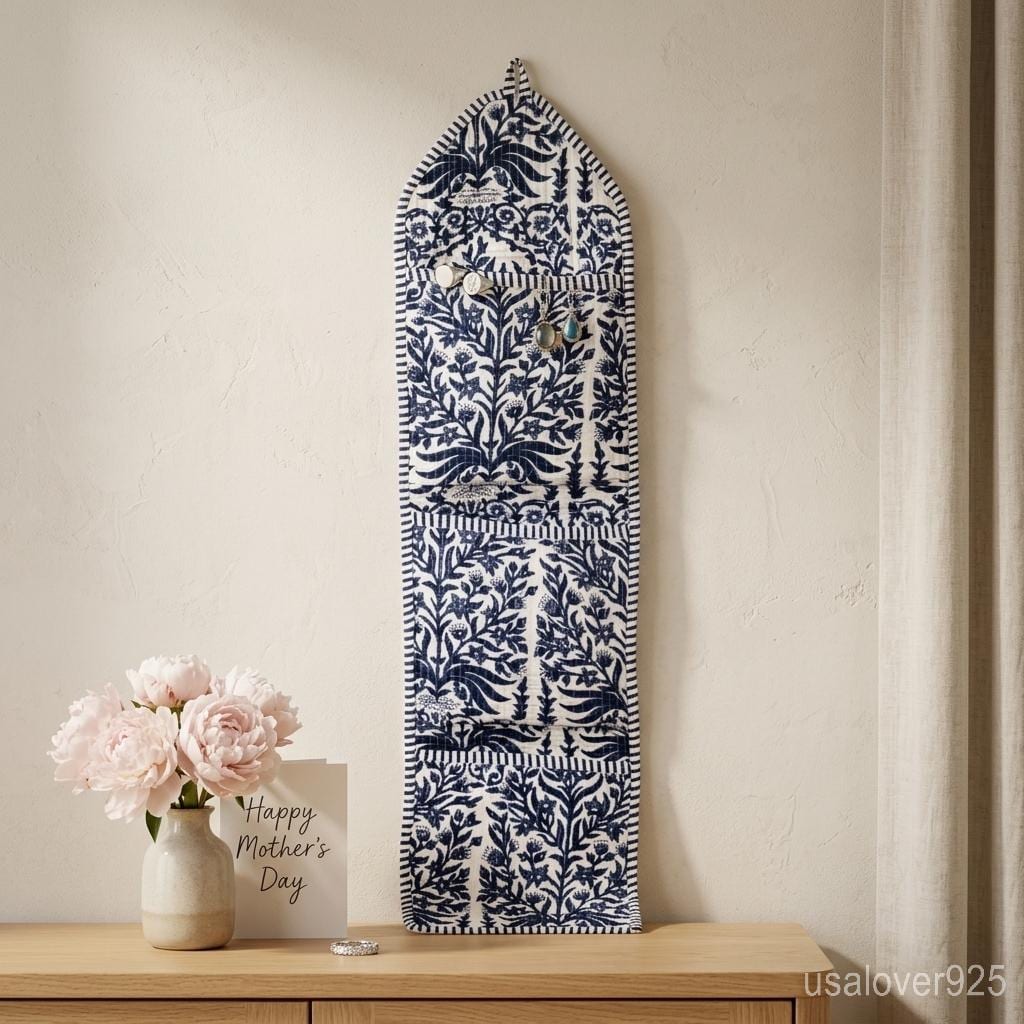 Blue Floral Hanging Wall Organizer, Quilted Cotton 3-Pocket Storage, Boho Decorative Home Gift
