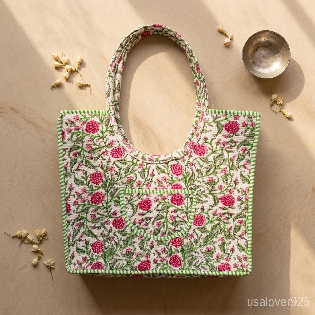 Handmade Quilted Cotton Tote, Floral Indian Ethnic Shopper, Sustainable Artisan Gift her
