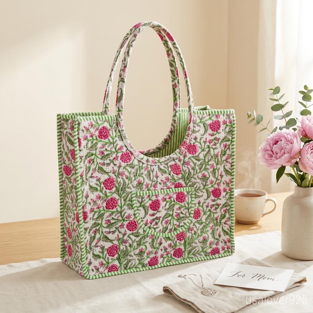 Handmade Quilted Cotton Tote, Floral Indian Ethnic Shopper, Sustainable Artisan Gift her