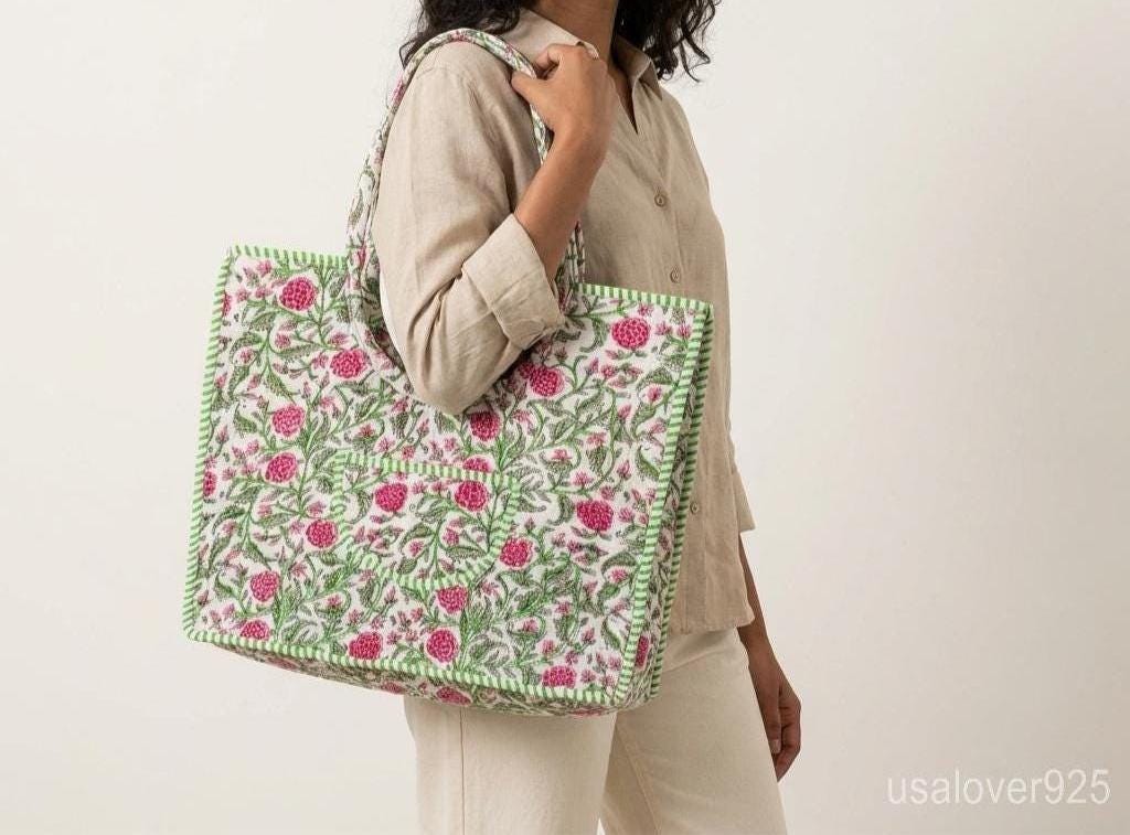 Handmade Quilted Cotton Tote, Floral Indian Ethnic Shopper, Sustainable Artisan Gift her