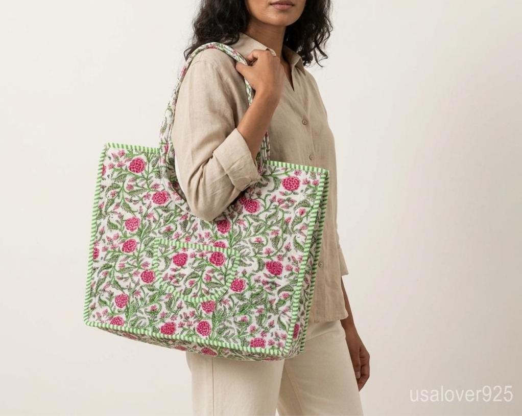 Handmade Quilted Cotton Tote, Floral Indian Ethnic Shopper, Sustainable Artisan Gift her