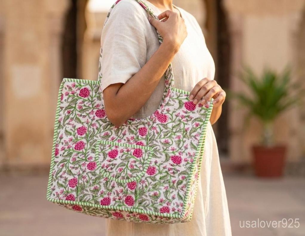 Handmade Quilted Cotton Tote, Floral Indian Ethnic Shopper, Sustainable Artisan Gift her