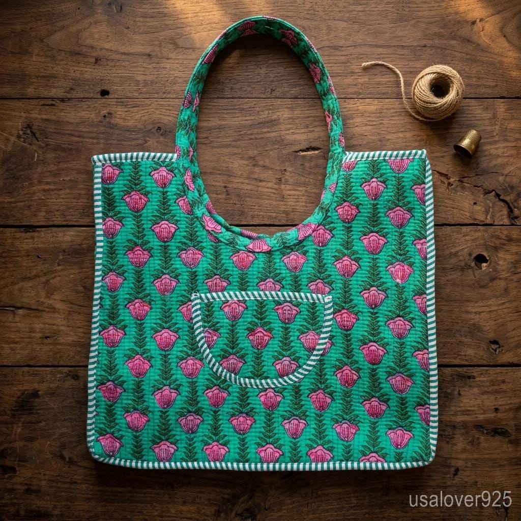 Floral Quilted Cotton Tote Bag, Indian Ethnic Travel Shopper, Handmade Artisan Handbag her