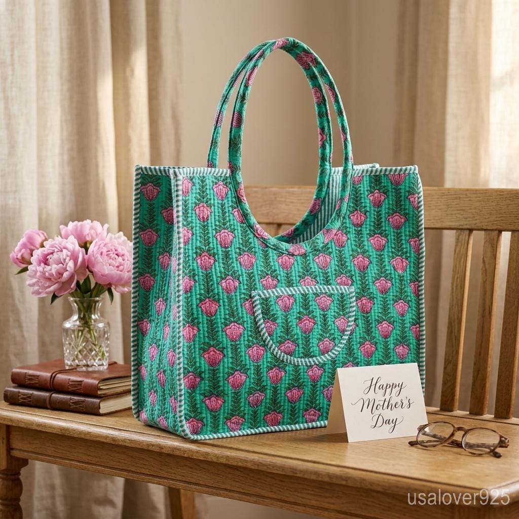 Floral Quilted Cotton Tote Bag, Indian Ethnic Travel Shopper, Handmade Artisan Handbag her